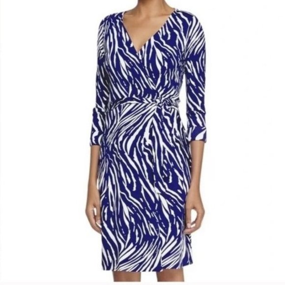 Diane von Furstenberg Julian Two Wrap Dress Blue White Zebra Tiger Print… - Picture 1 of 9